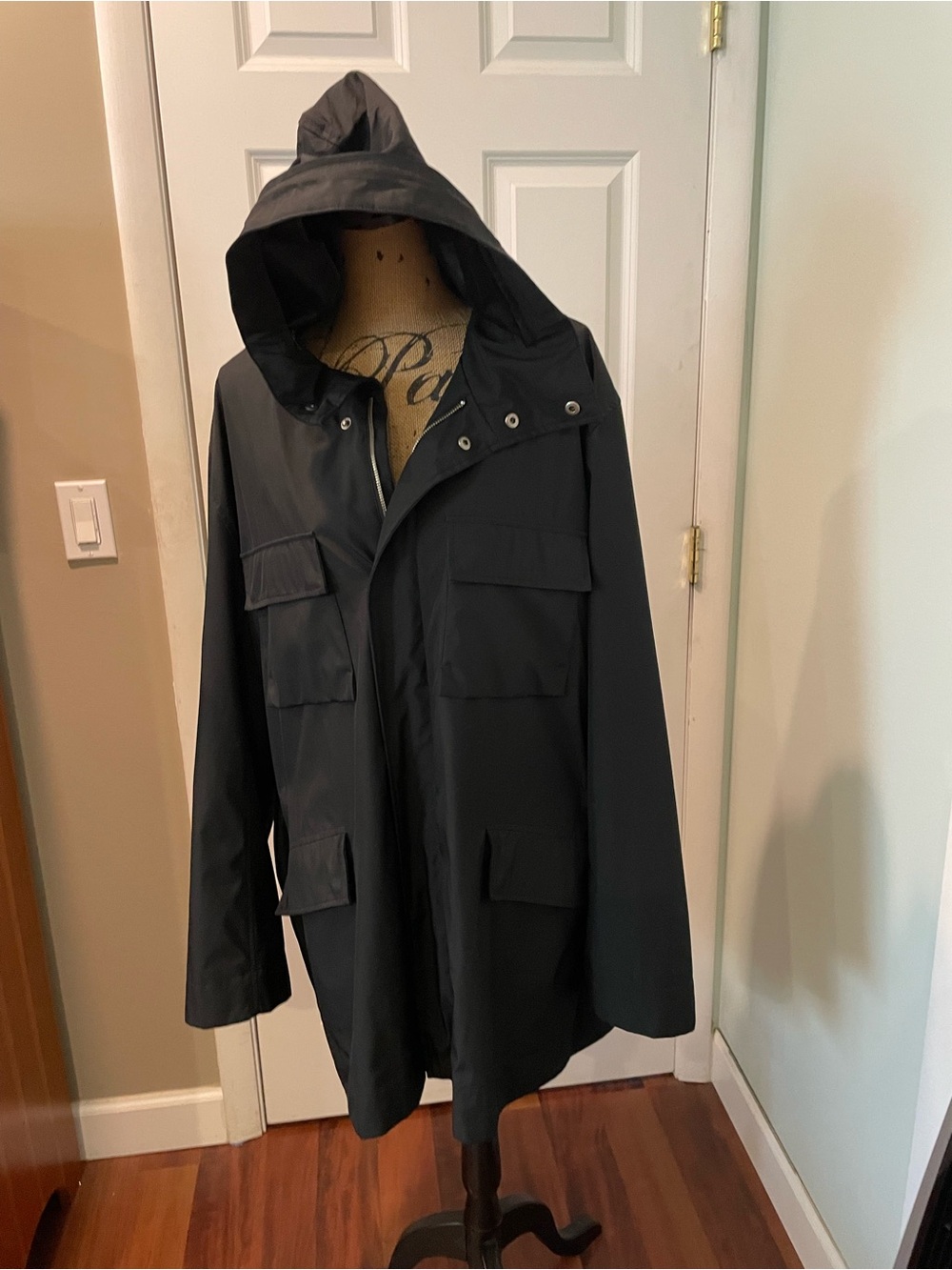 Cole Haan Black Hooded Raincoat with Flap Pockets